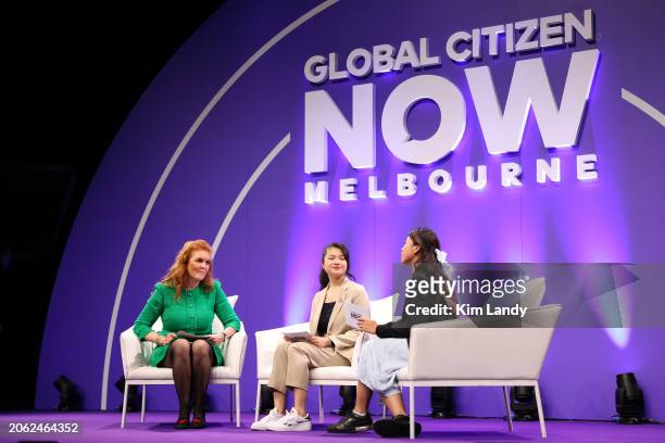 Sarah Ferguson, Duchess of York, Alicia Tien, Global Citizen Youth Leader Awardee and Hazirah Sufian, Global Citizen Youth Leader Awardee speak...