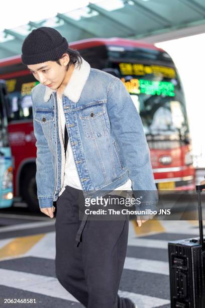 March 04: Junghan of Seventeen is seen leaving Incheon International Airport on March 04, 2024 in Incheon, South Korea