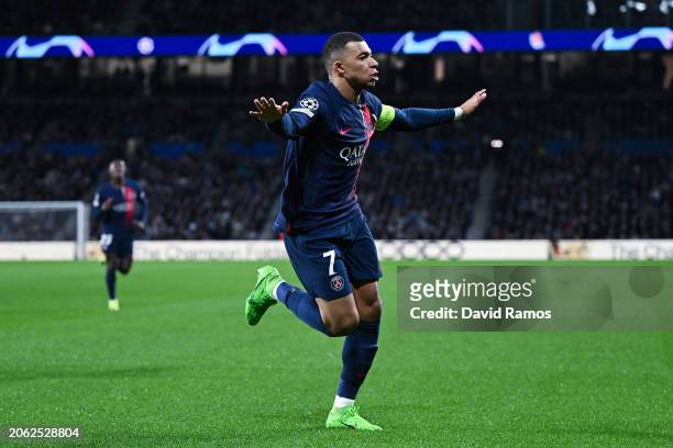 Kylian Mbappe of Paris Saint-Germain celebrates their team's first goal during the UEFA Champions League 2023/24 round of 16 second leg match between...