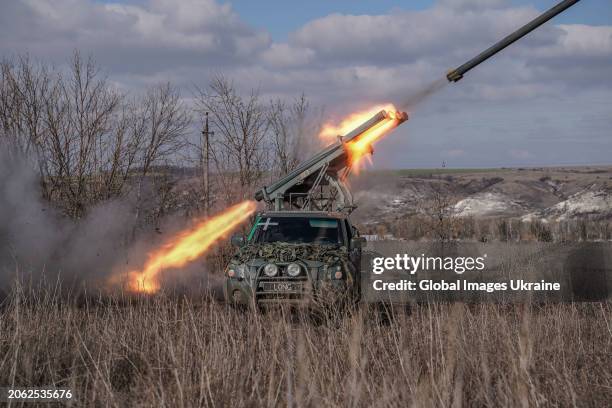 Ukrainian soldiers of the 56th Motorized Brigade fire with an improvised multiple rocket launcher on Russian positions near the occupied Ukrainian...