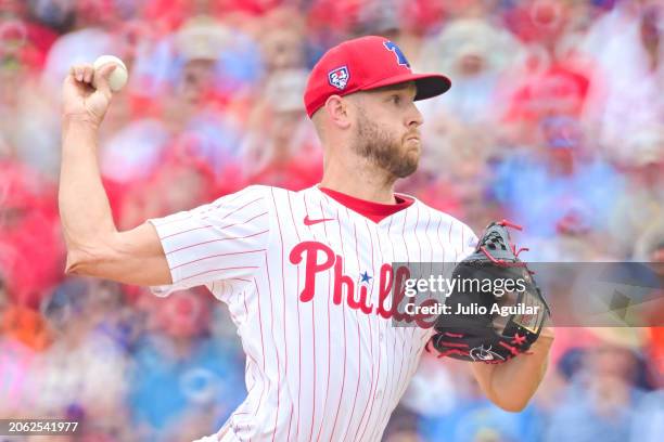 Zack Wheeler of the Philadelphia Phillies delivers a pitch to the Baltimore Orioles in the first inning during a 2024 Grapefruit League Spring...