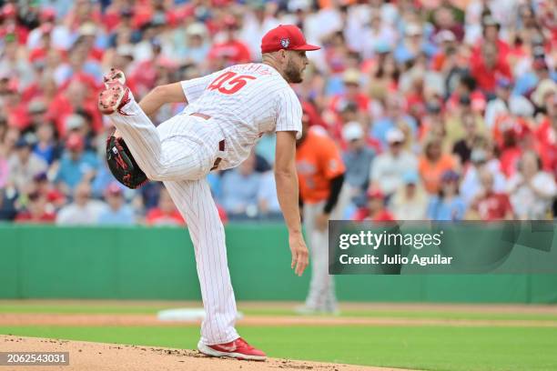 Zack Wheeler of the Philadelphia Phillies delivers a pitch to the Baltimore Orioles in the first inning during a 2024 Grapefruit League Spring...