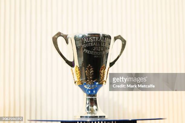 The AFL premiership cup is seen during the 2024 AFL season launch at Roslyn Packer Theatre on March 06, 2024 in Sydney, Australia.