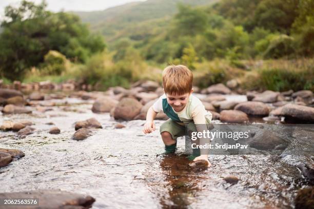 happy little boy playing in the shallow mountain river - brook stock pictures, royalty-free photos & images