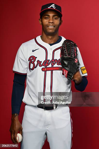 Raisel Iglesias of the Atlanta Braves poses during the 2024 Atlanta Braves Photo Day at CoolToday Park on February 23, 2024 in North Port, Florida.