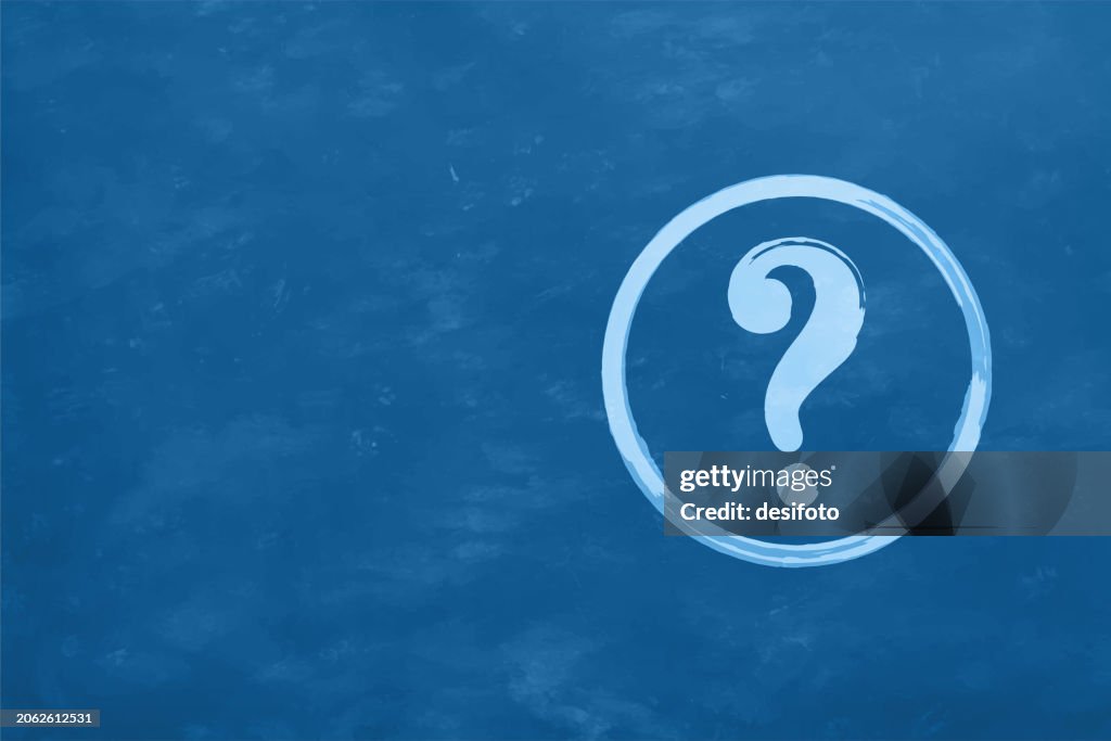 Pale grey blue colored grunge textured effect rough rustic texture over horizontal vector background with a smudged texture with a bordered label template and one encircled question mark sign or symbol in a circle painted in old classic style