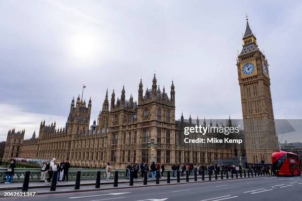 View towards the Houses of Parliament, the Palace of Westminster and clock tower aka Big Ben on 4th March 2024 in London, United Kingdom. Big Ben is...