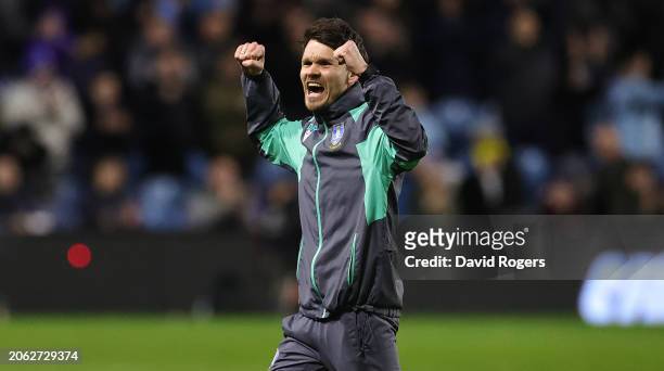 Danny Rohl, the Sheffield Wednesday manager celebrates after their victory during the Sky Bet Championship match between Sheffield Wednesday and...