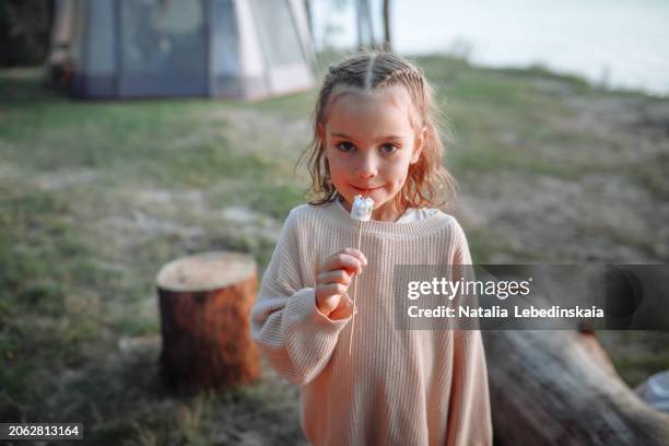 family fun: child in sweater relishing roasted marshmallows by the campfire in forest evening, outdoor bonding with kids in summer - estilo de vida alternativo fotografías e imágenes de stock