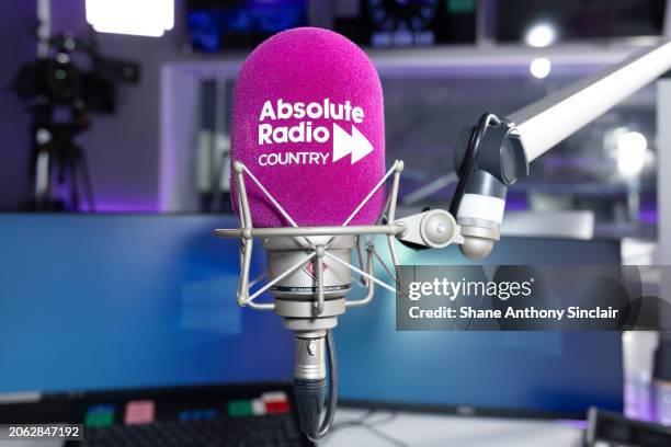 Detail of Absolute Radio microphone branding at Golden Square on March 06, 2024 in London, England.