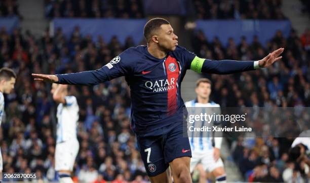 Kylian Mbappe of Paris Saint-Germain celebrates his first goal during the UEFA Champions League 2023/24 round of 16 second leg match between Real...