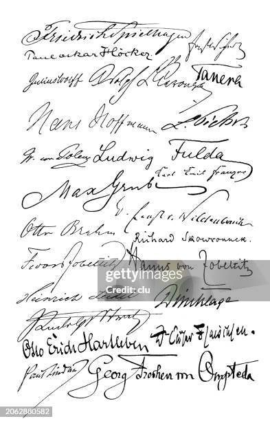 unterschriften von mitgliedern der literarischen gesellschaft, table d'hôte, berlin - autograph stock-grafiken, -clipart, -cartoons und -symbole