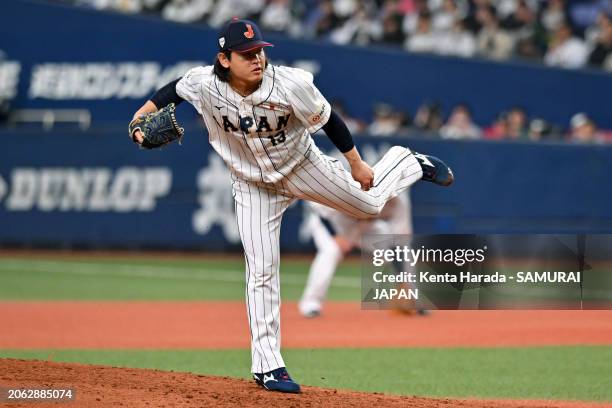 Pitcher Hiroya Miyagi of Samurai Japan throws in the 3rd inning against Team Europe at Kyocera Dome Osaka on March 6, 2024 in Osaka, Japan.