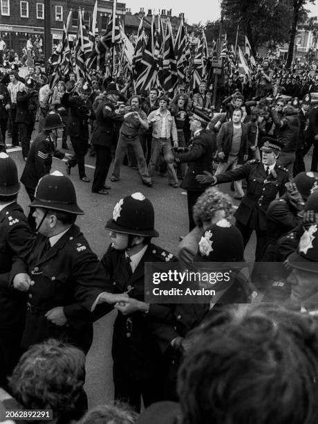 National Front march with Union Jack flags in Lewisham, London, UK, 13th August 1977, Lewisham, London.