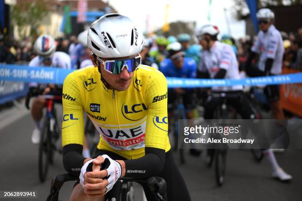 Brandon Mcnulty of The United States and UAE Team Emirates - Yellow Leader Jersey prior to the 82nd Paris - Nice 2024, Stage 4 a 183km stage from...
