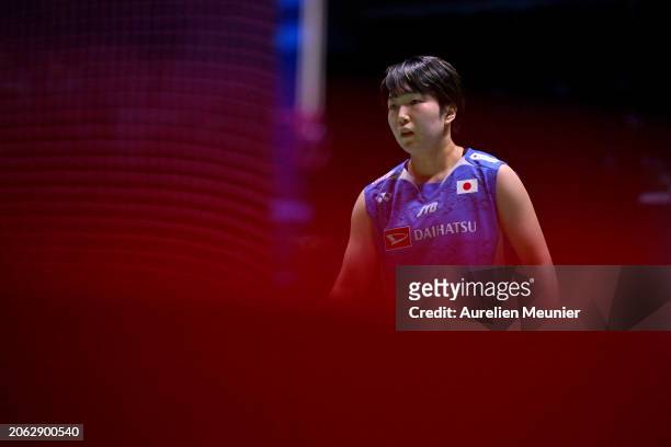 Akane Yamaguchi of Japan looks on during her women single round of 32 match against Gao Fangjie of China at Adidas Arena on March 06, 2024 in Paris,...