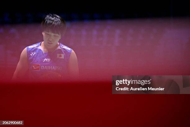 Akane Yamaguchi of Japan looks on during her women single round of 32 match against Gao Fangjie of China at Adidas Arena on March 06, 2024 in Paris,...