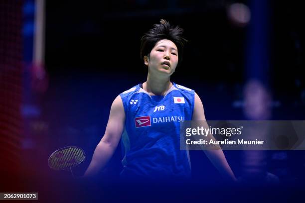 Akane Yamaguchi of Japan looks on during her women single round of 32 match against Gao Fangjie of China at Adidas Arena on March 06, 2024 in Paris,...