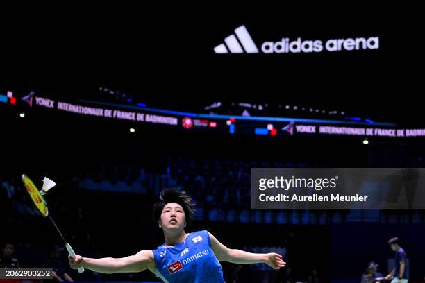 Akane Yamaguchi of Japan plays a forehand during her women single round of 32 match against Gao Fangjie of China at Adidas Arena on March 06, 2024 in...
