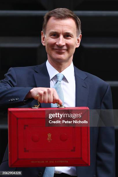 The Chancellor Of The Exchequer Jeremy Hunt leaves 11 Downing Street on March 6, 2024 in London, England. Chancellor Jeremy Hunt delivers his 2024...