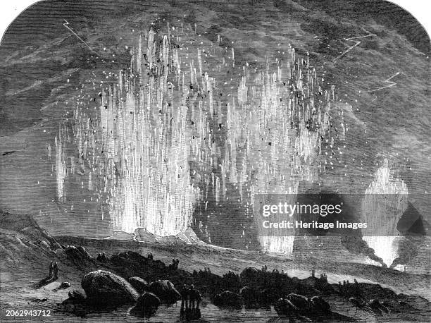 The Eruption of Mount Vesuvius: the Craters at Midnight, 1862. The volcano '...in all its terrible grandeur, from a sketch by Colonel Peard...a black...