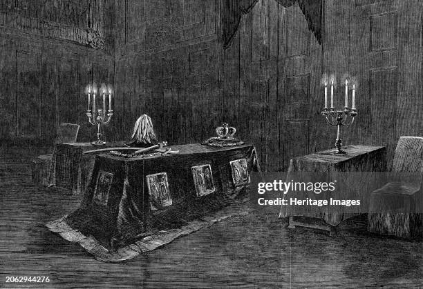 The Funeral of His Late Royal Highness the Prince Consort: the coffin in the audience chamber, Windsor Castle, the night before the funeral, 1862. On...