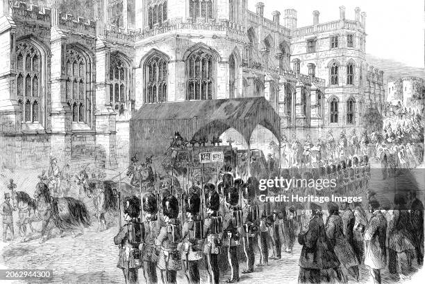 The Funeral of His Late Royal Highness the Prince Consort: the hearse at St. George's Chapel, 1862. Soldiers and crowds at Windsor as the coffin...