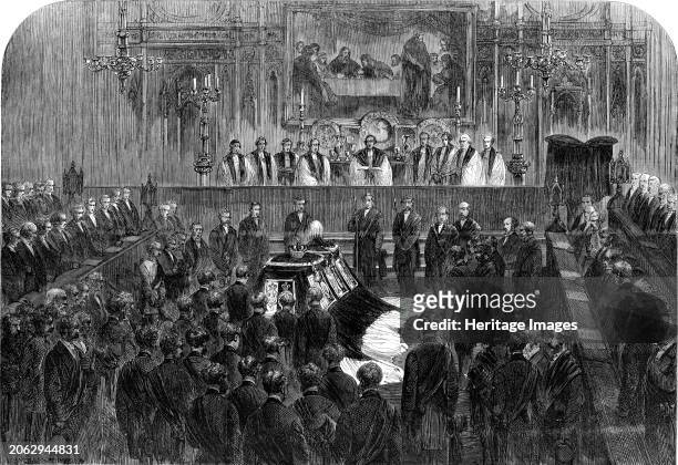 The Funeral of His Late Royal Highness the Prince Consort: the funeral ceremony in the choir, 1862. '...the Lord Chamberlain, accompanied by the...
