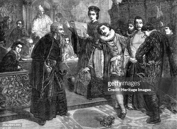 The Royal Academy Prize-painting, Trial Scene in "The Merchant of Venice", by A. B. Donaldson, 1862. Engraving of a painting. 'The medal for...