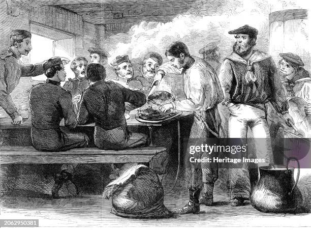 The Reinforcements for Canada: dinner-time and serving out of the grog on board a troop-ship at Woolwich, 1862. 'Although there is now every reason...