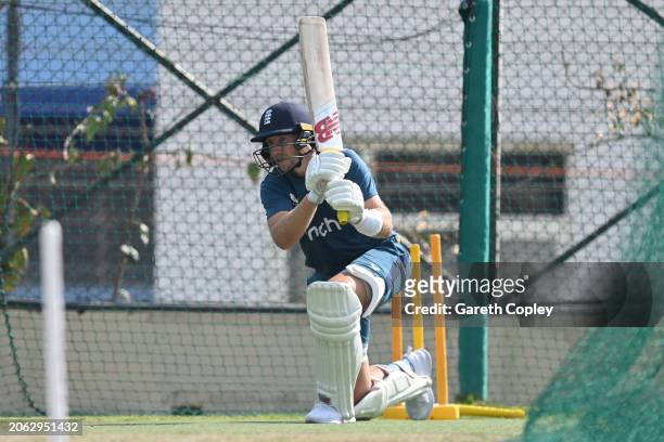 Joe Root of England bats in the nets during a nets session at Himachal Pradesh Cricket Association Stadium on March 06, 2024 in Dharamsala, India.