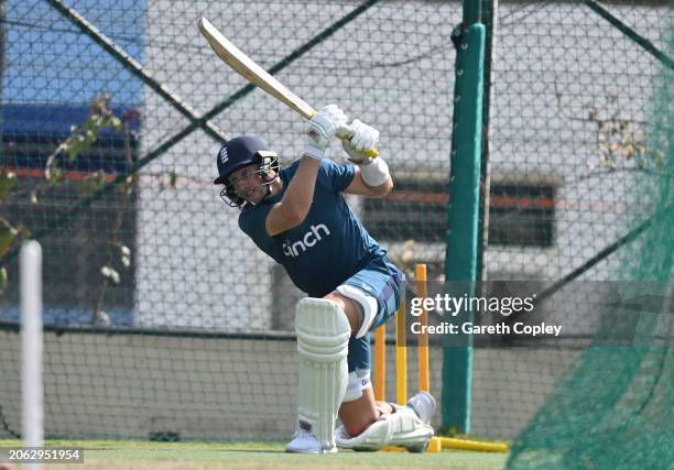 Joe Root of England bats in the nets during a nets session at Himachal Pradesh Cricket Association Stadium on March 06, 2024 in Dharamsala, India.