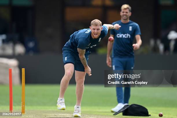 England captain Ben Stokes bowls watched by James Anderson during a nets session at Himachal Pradesh Cricket Association Stadium on March 06, 2024 in...