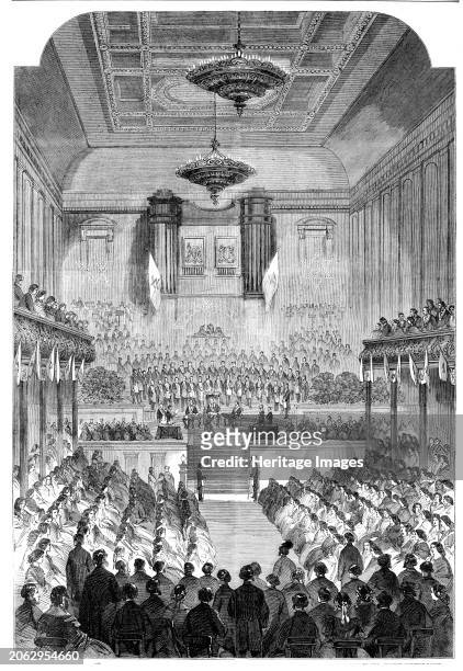 The Duke of Leinster presenting prizes to the children of the Masonic Female Orphan School at Dublin, in the Great Hall of the ancient concert rooms,...