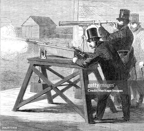 Official trial of small-bore rifles on Plumstead Marshes: the rifle-rest, 1862. 'At the Royal Laboratory practice-range of Woolwich Arsenal number of...