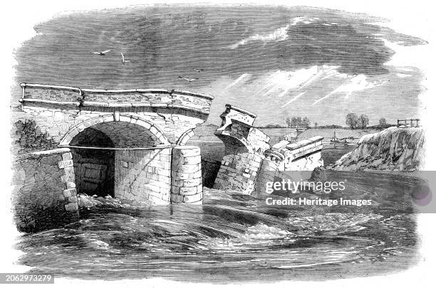 Fall of the middle level sluice on the west bank of the Ouse, about four miles from Lynn, Norfolk, 1862. '...tidal water found its way under the...