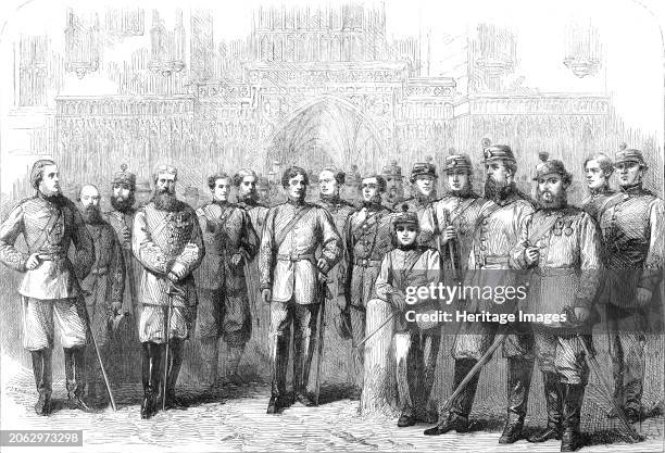 The Queen's Westminster Rifle Volunteers, 1862. 'Major Russell, Colour-Sergeant Roe, Capt. Vacher, Major Loch, Capt. Busby, Capt. Worms, Earl...