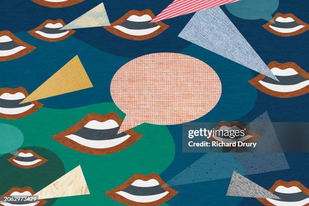 many open mouths with speech bubbles - mixed media stock pictures, royalty-free photos & images