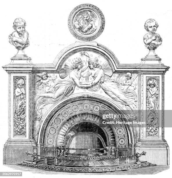 The International Exhibition: white marble mantelpiece and bas-relief executed by the late J. Thomas, 1862. 'This chaste and elegant mantelpiece was...