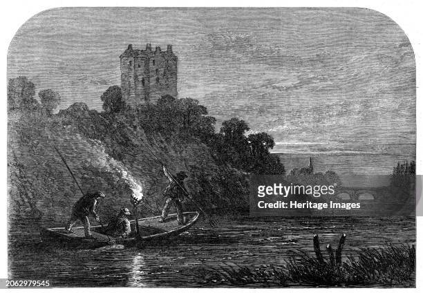 Salmon-poaching on the Tweed: "Burning the Water", 1862. Illegal fishing in Scotland. Night poaching from boats, using leisters - a type of spear -...
