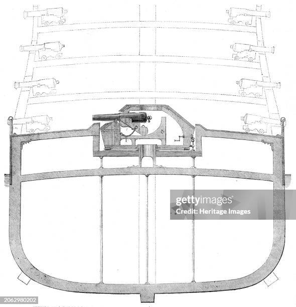 Section of a three-decker, showing Captain Coles's mode of altering the same into a shield-ship, 1862. 'The dotted lines show the old decks of the...