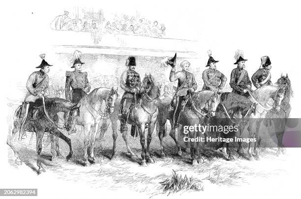 The Volunteer Field-Day at Brighton: General Lord Clyde returning the salute of the troops as they marched past the grand stand, 1862. 'The...