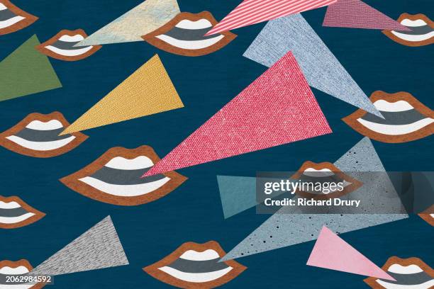 many open mouths with speech triangles - kommunikationssätt bildbanksfoton och bilder