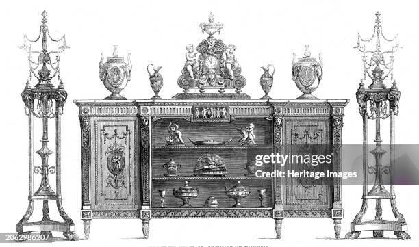 The International Exhibition: cabinet and candelabra by Wright and Mansfield, 1862. '...a splendid cabinet in the style of the English furniture of...