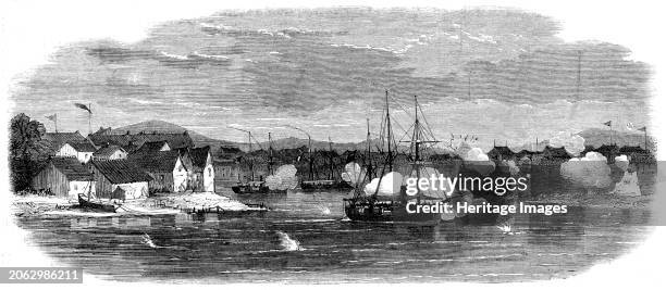 The Capture of Ningpo: bombardment of Point Battery and East Gate, 1862. 'Kestrel, Etoile, Hardy, Point Battery, East Gate...capture of Ningpo, in...