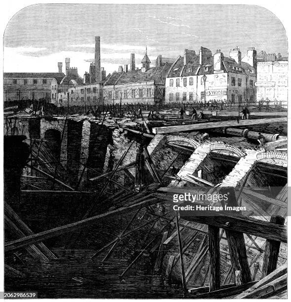 Bursting of the Fleet Ditch and destruction of part of the Metropolitan Railway: scene of the accident, [London], 1862. 'Owing to falls in the Fleet...