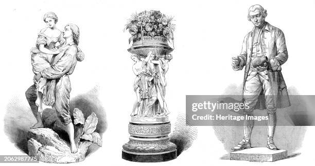 The International Exhibition: [figurines], 1862. '"Paul and Virginia", a statuette group, modelled by Robert Cauer; Porcelain figures bearing a...
