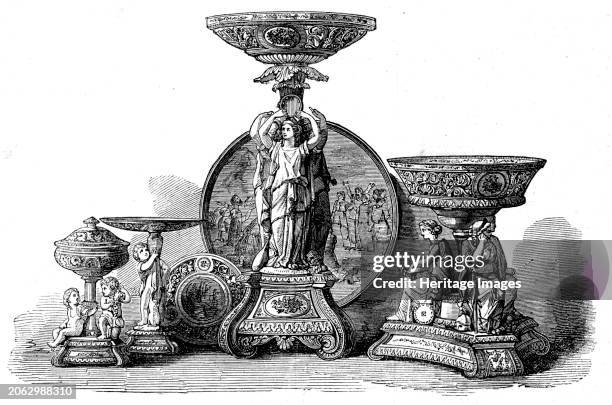 The International Exhibition: Group of porcelain articles by Sir James Duke and Nephews, 1862. '... A dessert service, together with a plateau in...