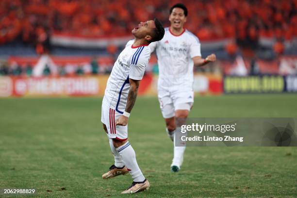 Yan Matheus of Yokohama F.Marinos celebrates after scoring his team's second goal against Shandong Taishan during the second half of the AFC...