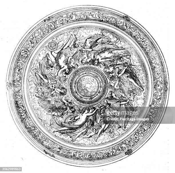 Top of Elkington's silver repoussé table, in the International Exhibition, 1862. 'This work, the ornamental portion of which was designed and...